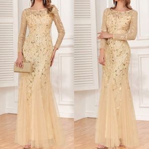 Luxe floral sequins mesh mermaid hem formal evening party dress